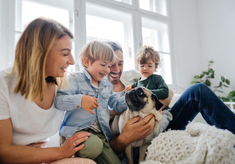 Our furry family member Photo of a young family with two kids playing with their cute little dog in the living room of their apartment.